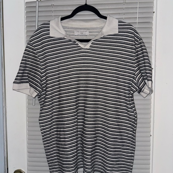 Primark Black and White Striped Polo Shirt - Picture 1 of 4